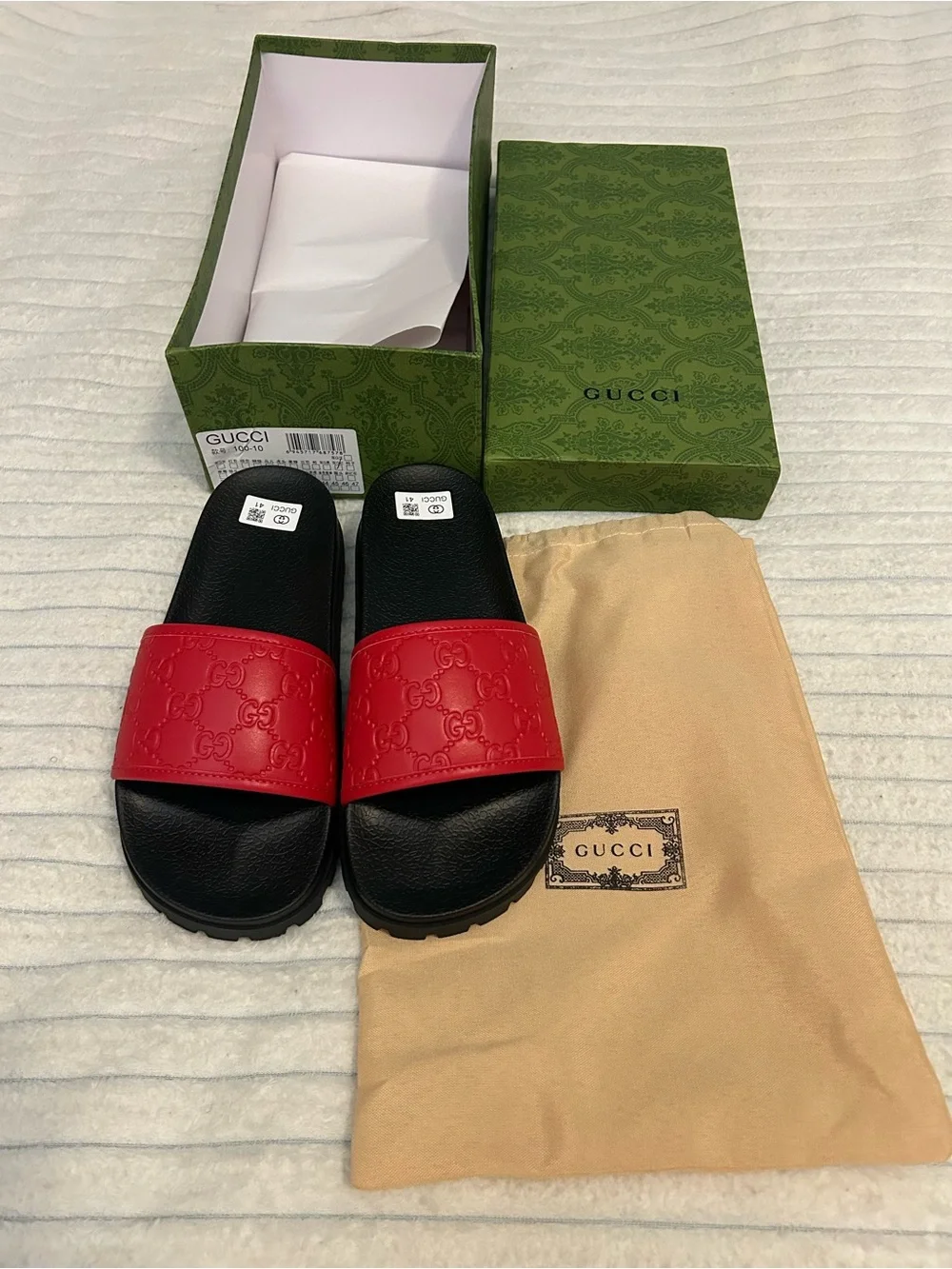 Gucci Red & Black Embossed GG Slide Sandals
